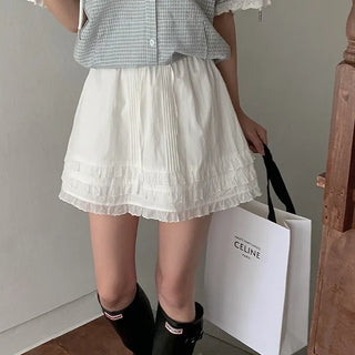 Layered frill shirring ribbon mini skirt