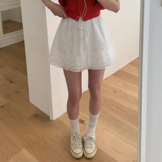 Layered frill shirring ribbon mini skirt