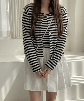 [SET] Striped Sleeveless Top + Cardigan Set