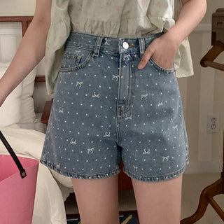 Mini ribbon pattern denim shorts