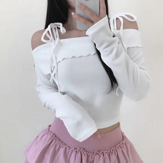 Tie-off shoulder frill long-sleeved T-shirt