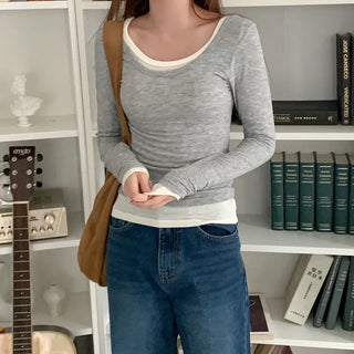 Colored U-neck long-sleeved T-shirt