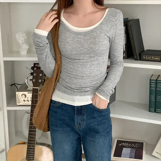 Colored U-neck long-sleeved T-shirt