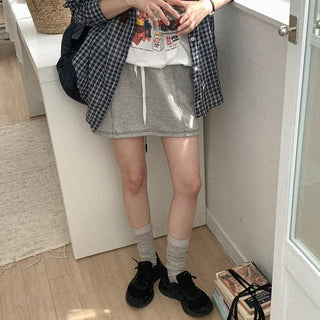 Elastic waist cotton stitch mini skirt