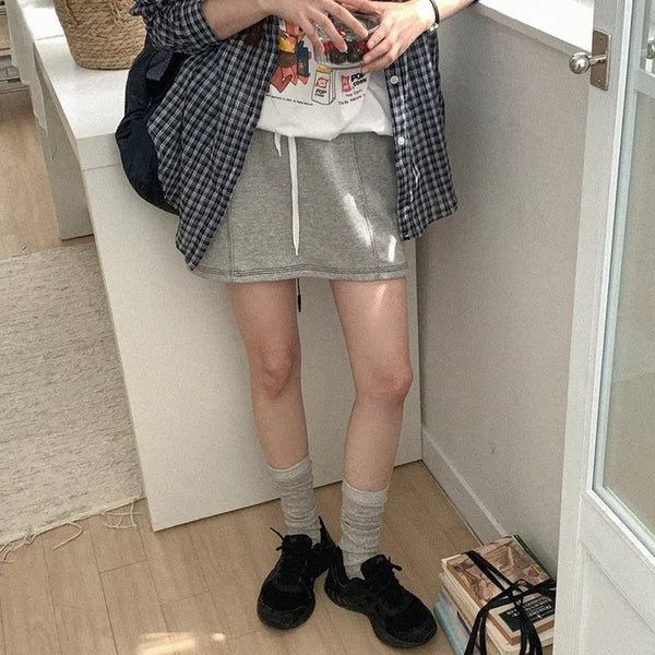 Elastic waist cotton stitch mini skirt
