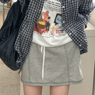 Elastic waist cotton stitch mini skirt