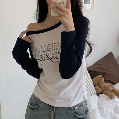 Raglan Off-Shoulder Lettering T-Shirt