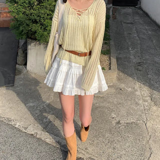 Ribbed V-neck sheer loose fit knit