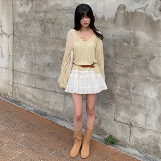 Ribbed V-neck sheer loose fit knit
