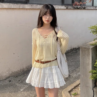 Ribbed V-neck sheer loose fit knit