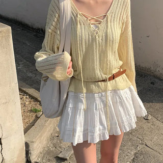 Ribbed V-neck sheer loose fit knit
