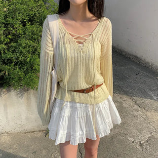 Ribbed V-neck sheer loose fit knit
