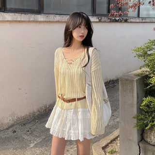 Ribbed V-neck sheer loose fit knit