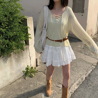 Ribbed V-neck sheer loose fit knit