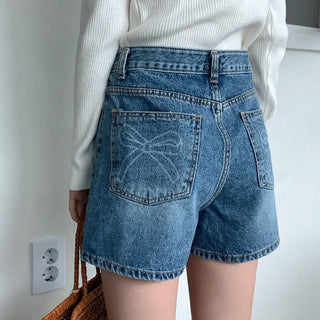 Ribbon denim shorts