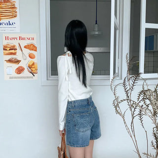 Ribbon denim shorts