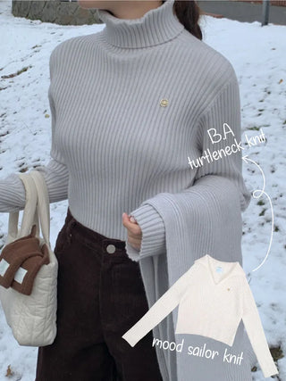 Whole Garment Wool Cashmere Ribbed Turtleneck Knit