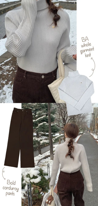 Whole Garment Wool Cashmere Ribbed Turtleneck Knit