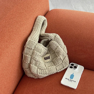 Knitted round crochet tote bag
