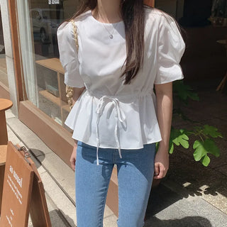 Puff-sleeve string blouse