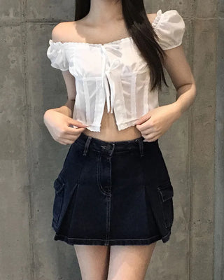 Lace ribbon short-sleeved blouse