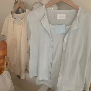 [set] Eyelet punching sleeveless short-sleeved cardigan set
