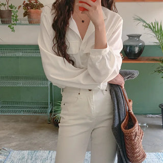 Open-collar pocket blouse