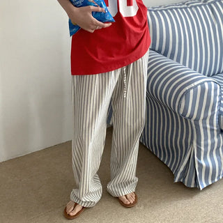 Striped, bordered elastic waist pants