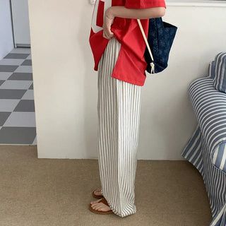 Striped, bordered elastic waist pants