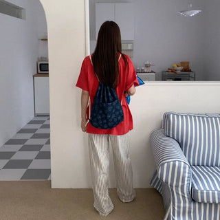 Striped, bordered elastic waist pants
