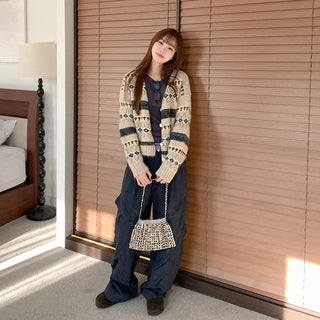 Wool jacquard knit cardigan
