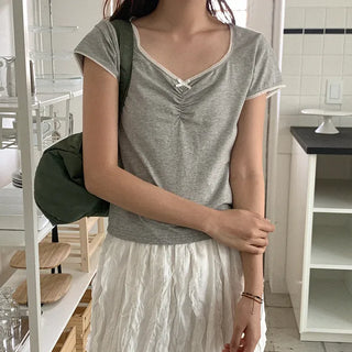 Mace cotton shirred short-sleeved T-shirt