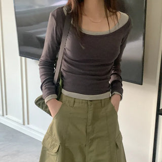 Cotton U-neck long-sleeved T-shirt