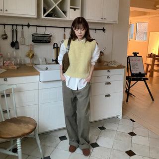 Fleece-lined wide-leg washed pants