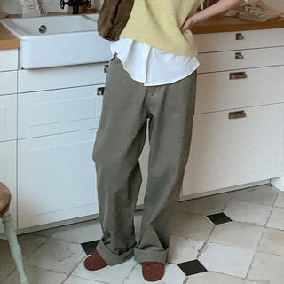 Fleece-lined wide-leg washed pants