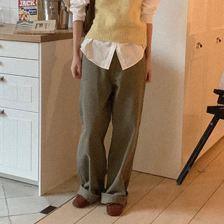 Fleece-lined wide-leg washed pants