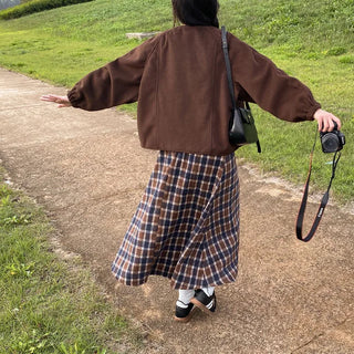 High-waisted elastic long flared check skirt