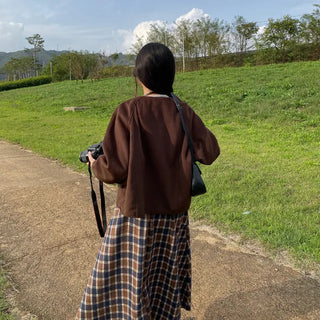 High-waisted elastic long flared check skirt
