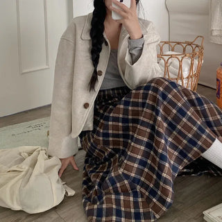 High-waisted elastic long flared check skirt