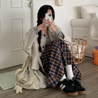 High-waisted elastic long flared check skirt