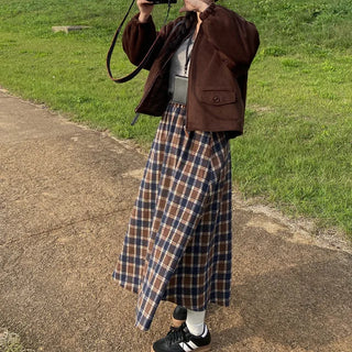 High-waisted elastic long flared check skirt
