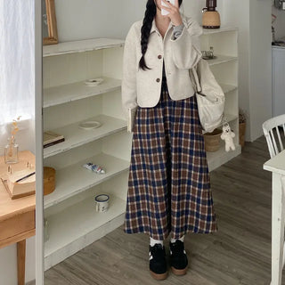 High-waisted elastic long flared check skirt