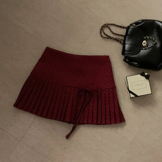Polka dot ribbon pleated mini skirt