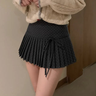 Polka dot ribbon pleated mini skirt