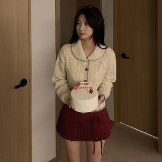 Polka dot ribbon pleated mini skirt