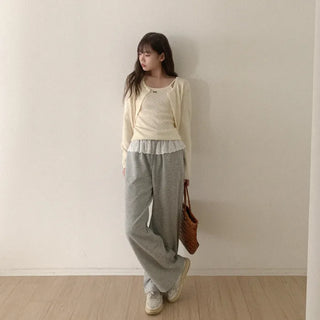 Lace frill elastic waist pants