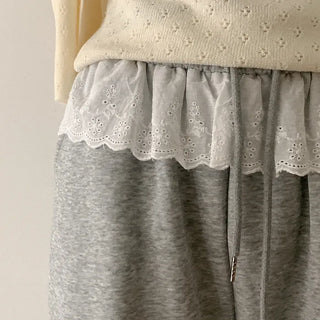 Lace frill elastic waist pants