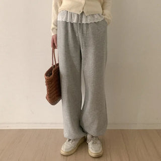 Lace frill elastic waist pants