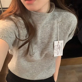 Whole Garment Wool Cropped Puff Sleeve Short-Sleeve Knit