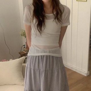 See-through U-neck short-sleeved T-shirt